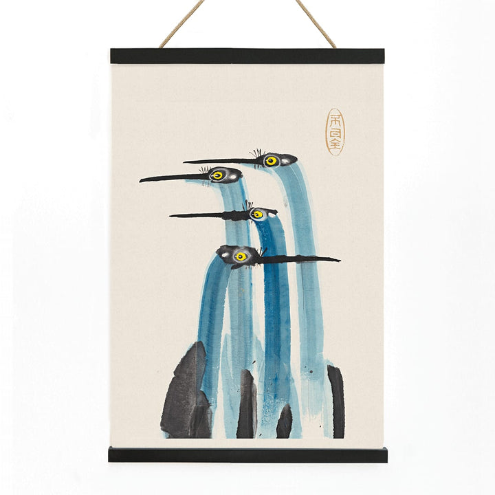 Watercolor painting of three blue cranes titled Blue Japanese Crane by Ohara Koson and Anonymous poster, with wooden magnetic frame on white background