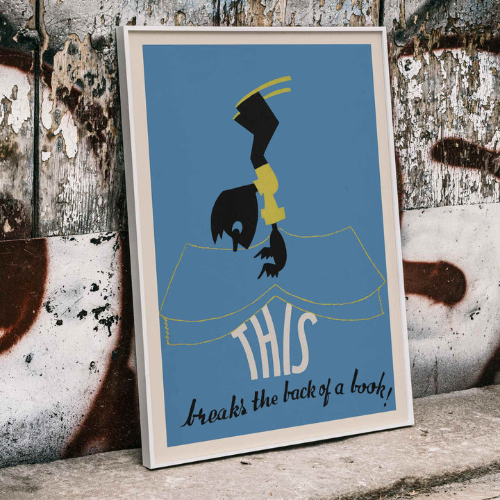 Arlington Gregg This breaks the back of a book poster blue field black figure cream book shape minimalist art print, framed and displayed in home decor