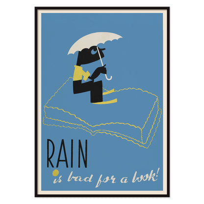 Arlington Gregg Rain Is Bad for a Book poster blue minimalist figure under white umbrella above book, with black aluminium frame on white background