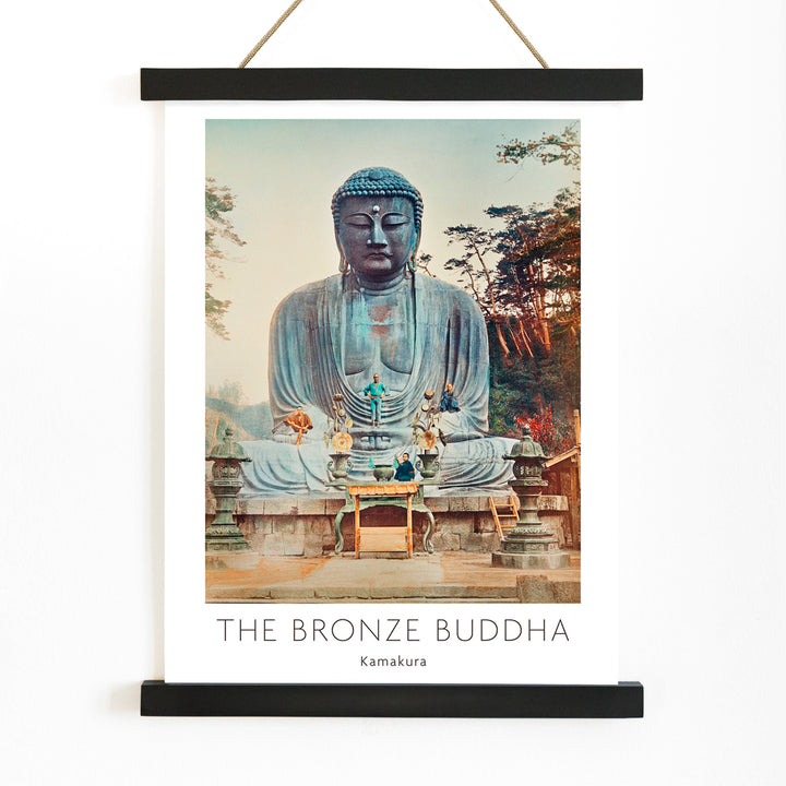 Bronze Buddha at Kamakura by Kazumasa Ogawa large outdoor statue with trees and altar in background, with wooden magnetic frame on white background