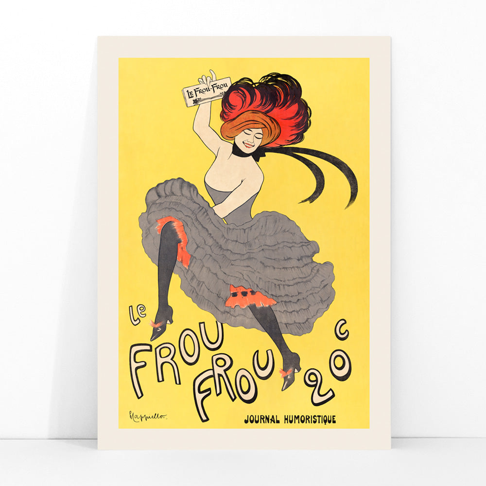 Colorful cancan dancer illustration and poster for Le Frou Frou by Leonetto Cappiello featuring a woman in a flamboyant dress against a bright yellow background, framed and displayed in modern living room decor