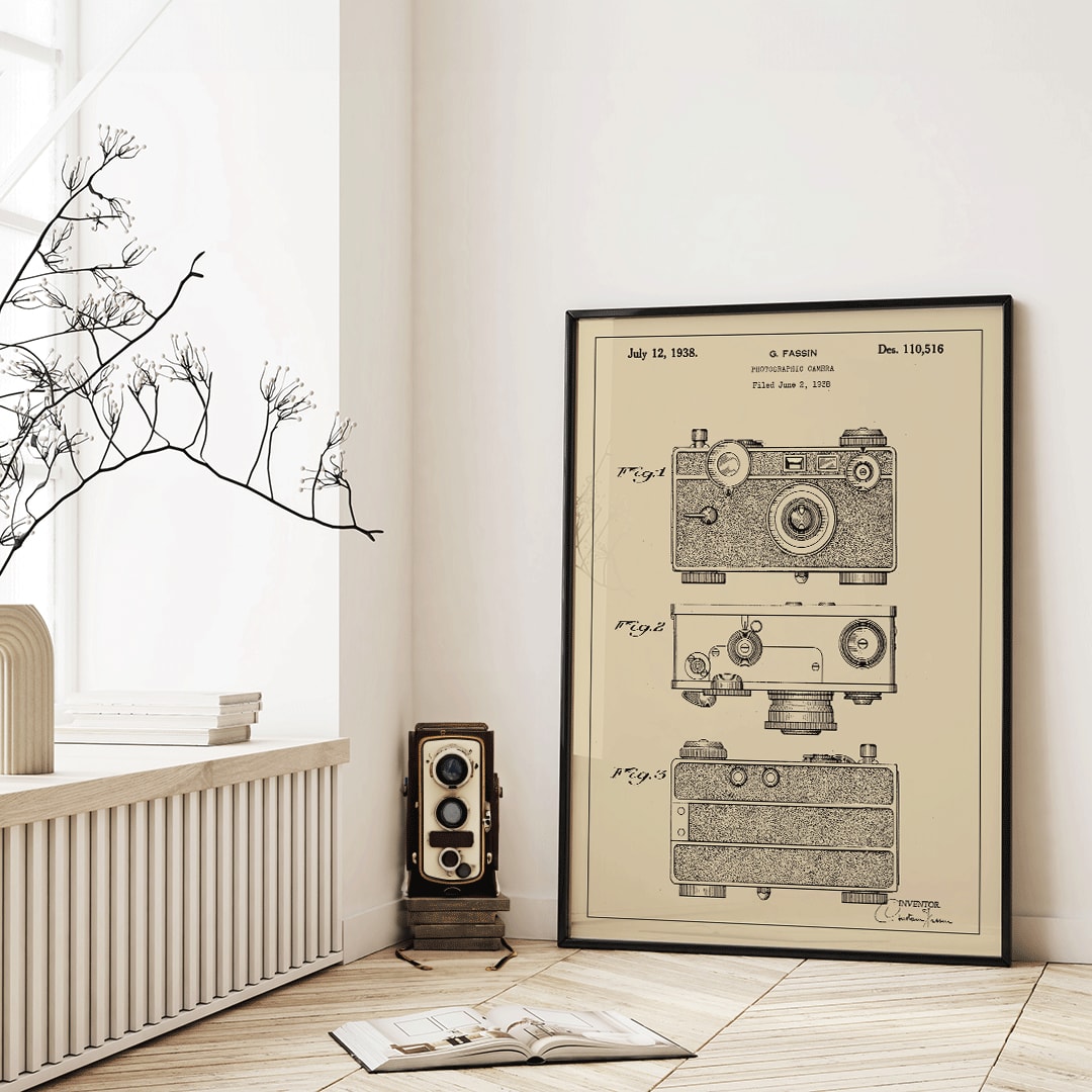 Photographic camera patent illustration and detailed patent drawings by G Fassin poster, framed and displayed in home decor
