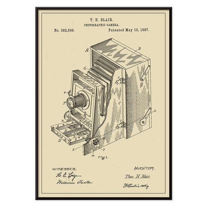 Vintage photographic camera patent diagram and detailed poster illustration by TH Blair, with black aluminium frame on white background