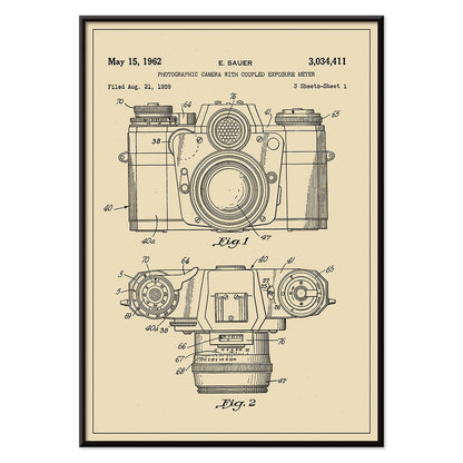 Technical illustration and poster of photographic camera with coupled exposure meter patent by E Sauer showing detailed technical drawings, with black aluminium frame on white background