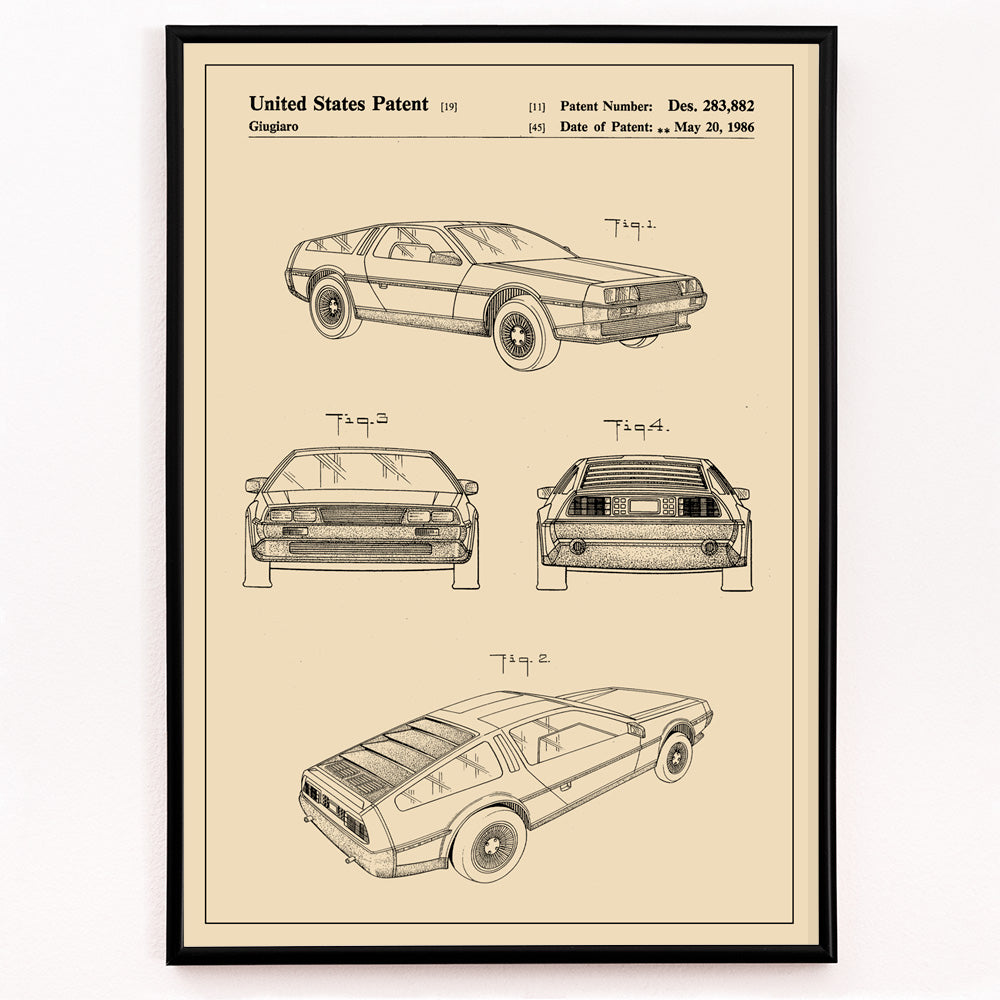 Closeup detail of Delorean DMC-12 vintage car patent illustration and technical drawings poster by Giorgetto Giugiaro displayed from multiple angles