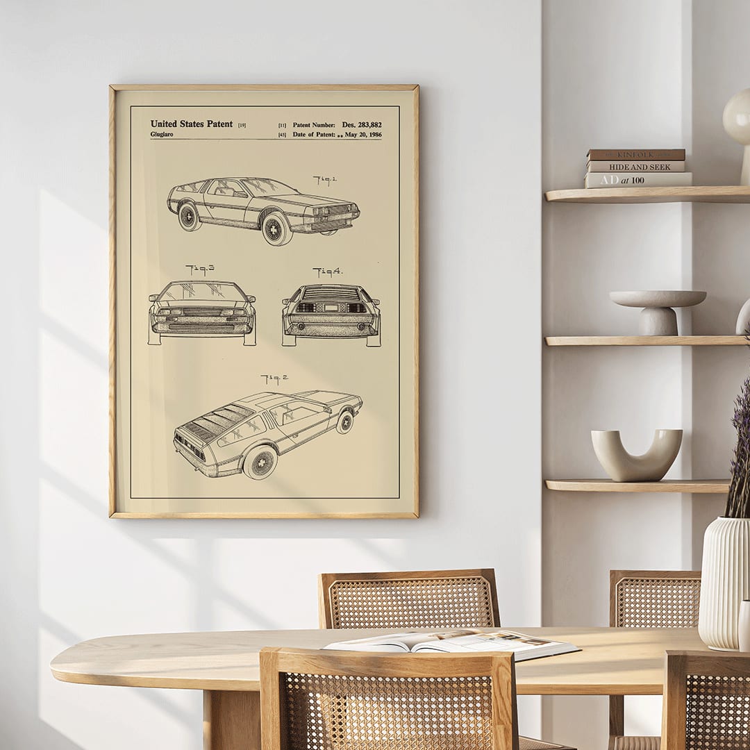 Delorean DMC-12 vintage car patent illustration and technical drawings poster by Giorgetto Giugiaro displayed from multiple angles, framed and displayed in home decor