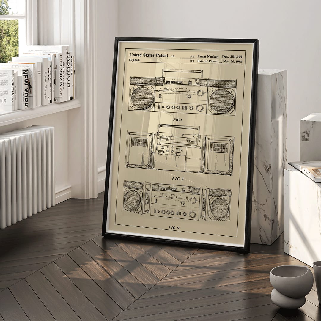 Portable combined cassette player technical drawing and poster illustrations by Sujanani United States Patent detailed technical drawings, framed and displayed in home decor