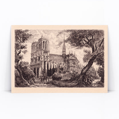 Artistic poster of Notre Dame de Paris cathedral surrounded by trees and people in a scenic landscape, framed and displayed in modern living room decor