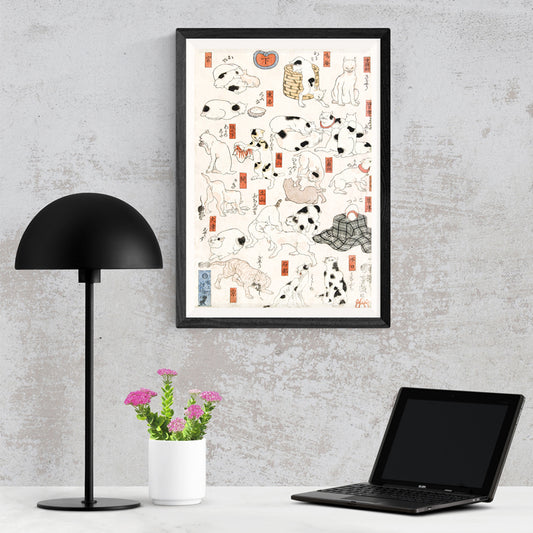 Playful and resting cats in traditional Japanese ukiyo-e art by Utagawa Kuniyoshi featuring multiple cats in various poses with Japanese elements, framed and displayed in home decor