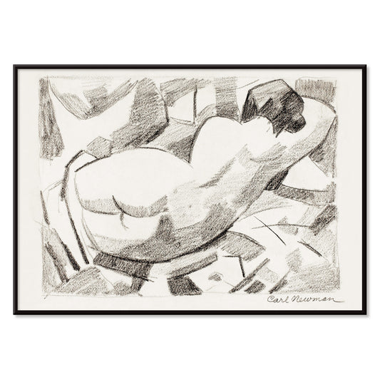 Charcoal sketch poster of reclining nude woman by Carl Newman featuring a black and white abstract figure, with black aluminium frame on white background