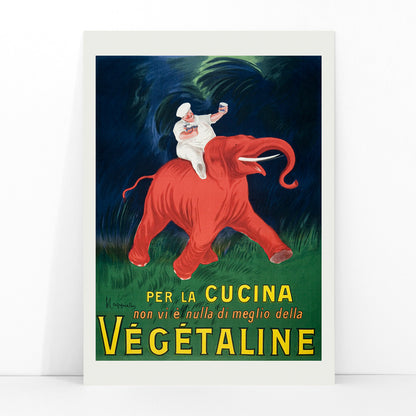 Vintage poster of chef riding a red elephant with bold Vegetaline text artwork by Leonetto Cappiello vibrant style, framed and displayed in modern living room decor