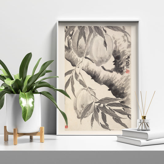 Chinese ink painting poster of peaches hanging from a branch in black ink wash style artwork by Min Zhen, framed and displayed in home decor
