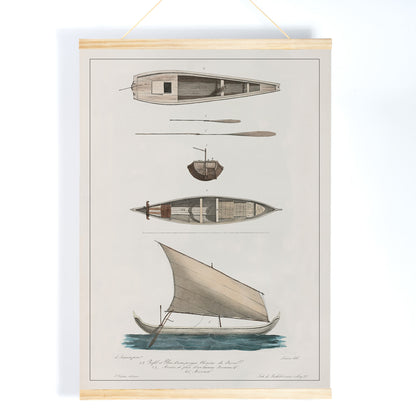 Poster of J. Tastu Chinese and Javanese boat studies with two boats and sailing vessel in beige blue and grey tones, with wooden magnetic frame on white background