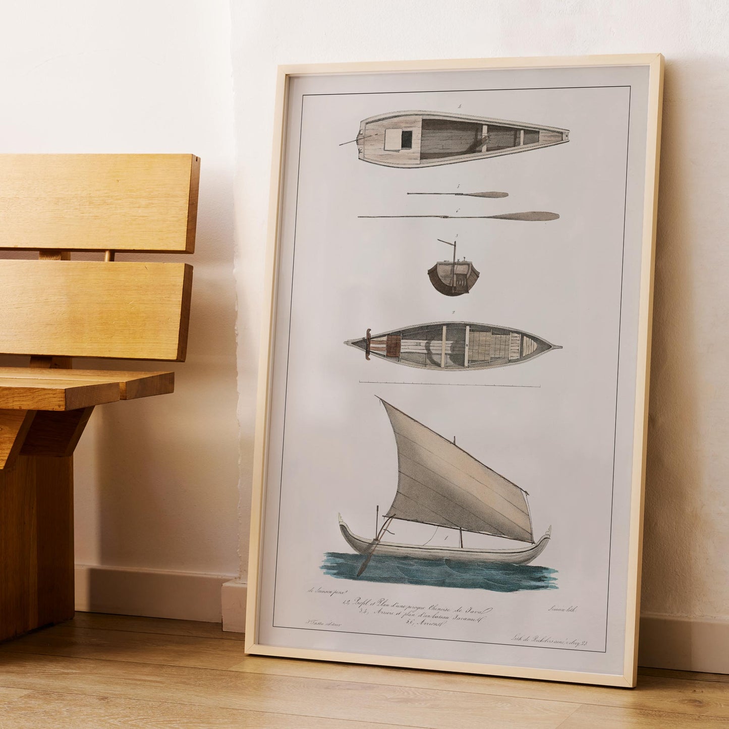 Poster of J. Tastu Chinese and Javanese boat studies with two boats and sailing vessel in beige blue and grey tones, framed and displayed in modern living room decor