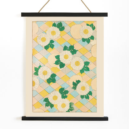 Chrysanthemum flowers and white flowers with green leaves on pastel geometric background artwork by Korin Furuya Bijutsukai Pl 218 poster, with wooden magnetic frame on white background