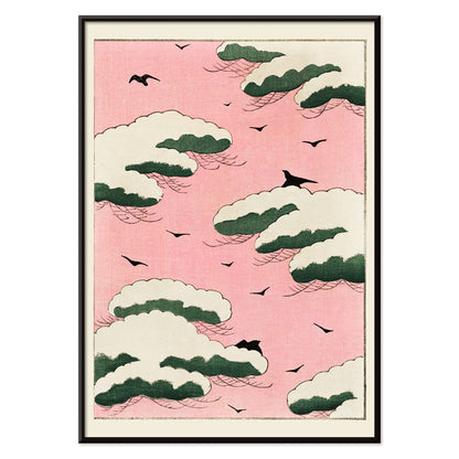 Pink sky with green clouds and black birds by Watanabe Seitei from Bijutsu Sekai Kacho-ga style poster, with black aluminium frame on white background