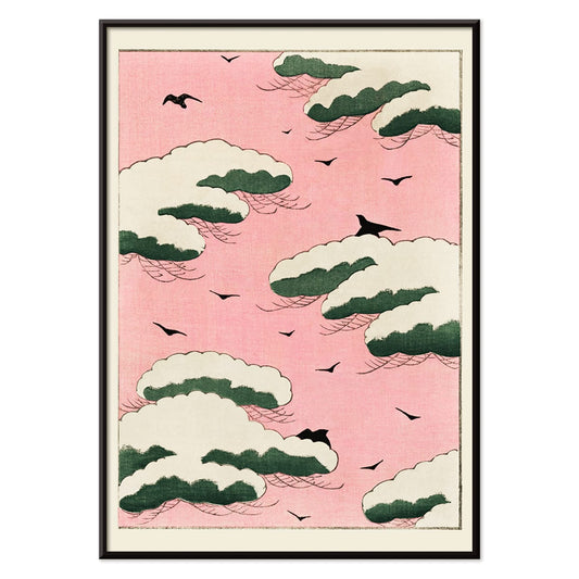 Pink sky with green clouds and black birds by Watanabe Seitei from Bijutsu Sekai Kacho-ga style poster, with black aluminium frame on white background