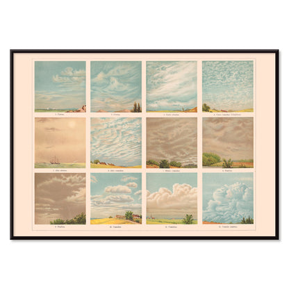 Vintage illustrated chart and poster of cloud types and formations titled Cloud Shapes by The Institute of Liepzig with descriptive labels, with black aluminium frame on white background