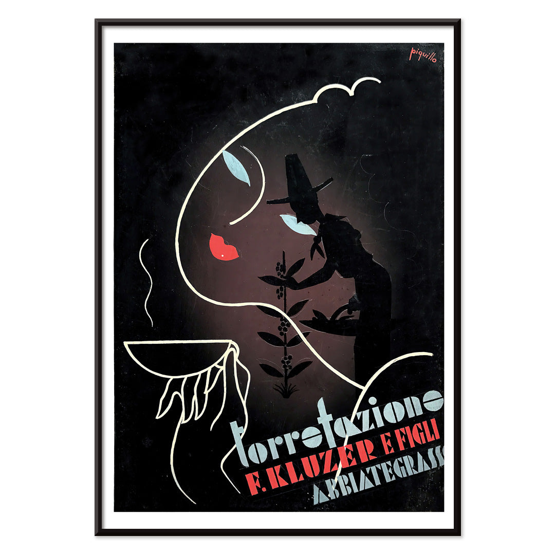 Abstract coffee-themed artwork and poster by Carlo Piquillo Pandolfi featuring stylized figures bold text coffee cup and face Torrefazione F Kluzer E Figli Abbiategrasso, with black aluminium frame on white background