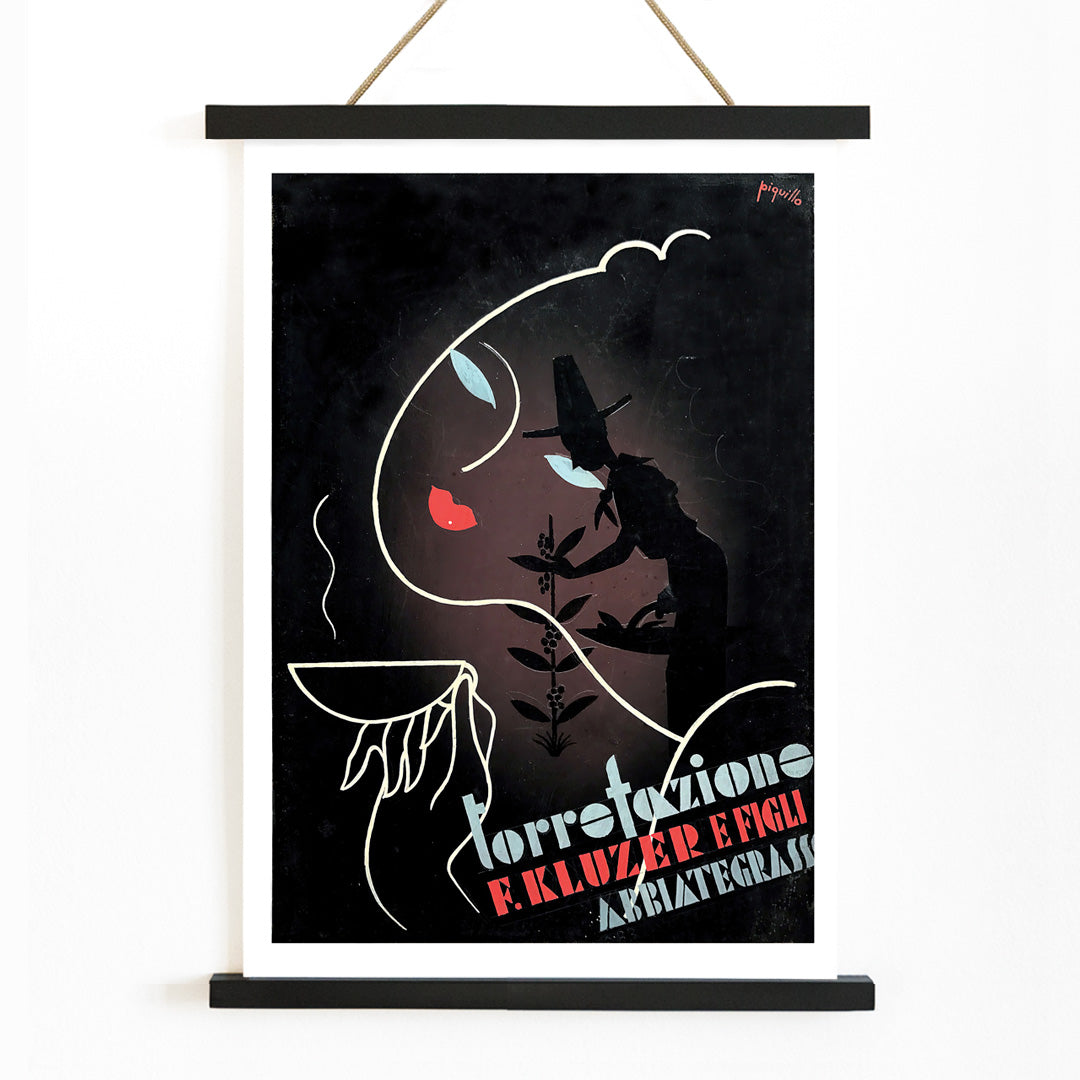Abstract coffee-themed artwork and poster by Carlo Piquillo Pandolfi featuring stylized figures bold text coffee cup and face Torrefazione F Kluzer E Figli Abbiategrasso, with wooden magnetic frame on white background