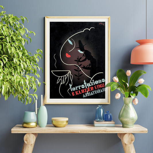 Abstract coffee-themed artwork and poster by Carlo Piquillo Pandolfi featuring stylized figures bold text coffee cup and face Torrefazione F Kluzer E Figli Abbiategrasso, framed and displayed in home decor