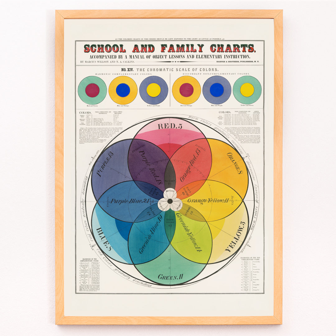 Closeup detail of Color wheel and chromatic scale chart by Marcius Willson featuring labeled color sections and titled The Chromatic scale of colors