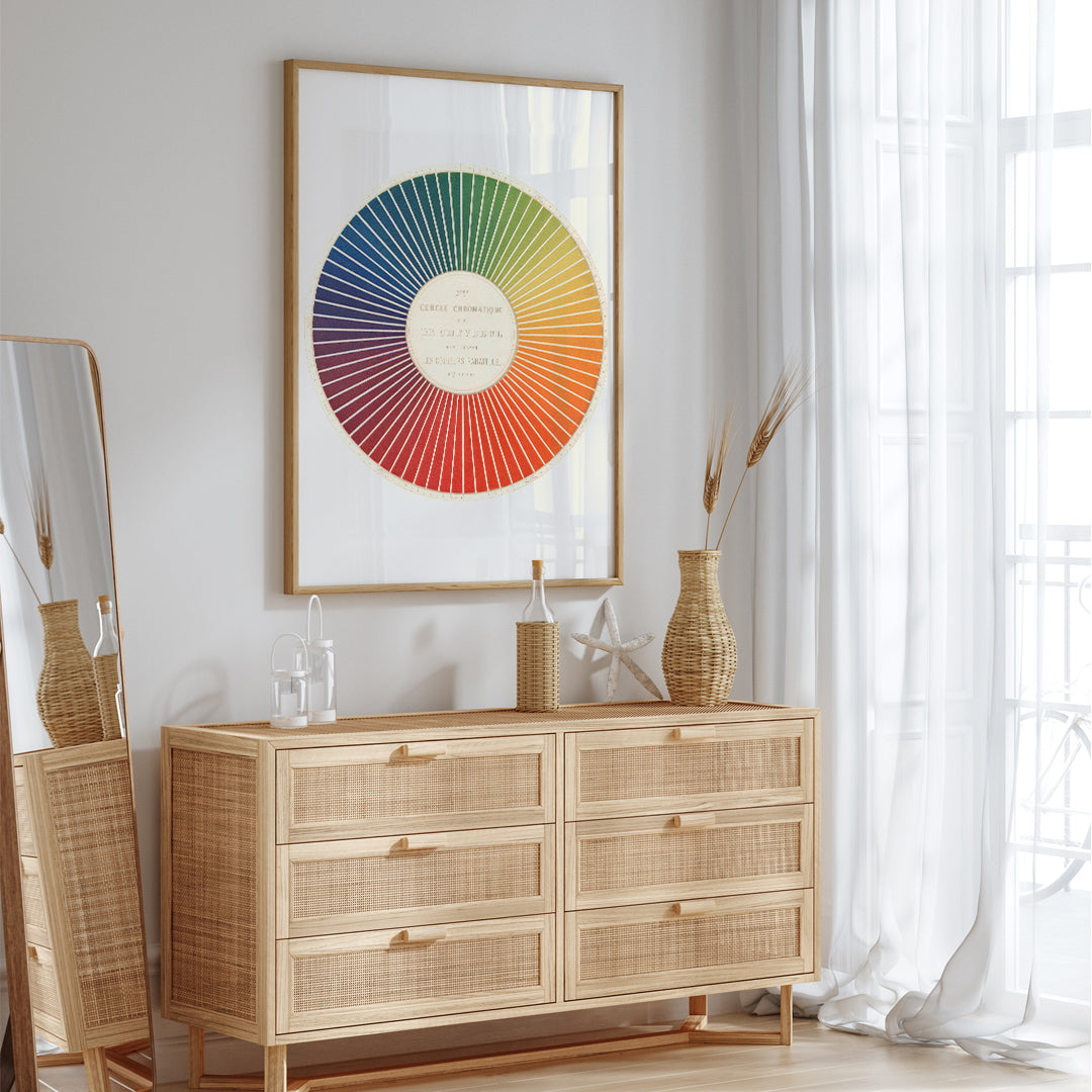 Color wheel chart with graduated rainbow hues and detailed rainbow segments titled Cercle chromatique by Eugene Chevreul poster for wall decor, framed and displayed in home decor