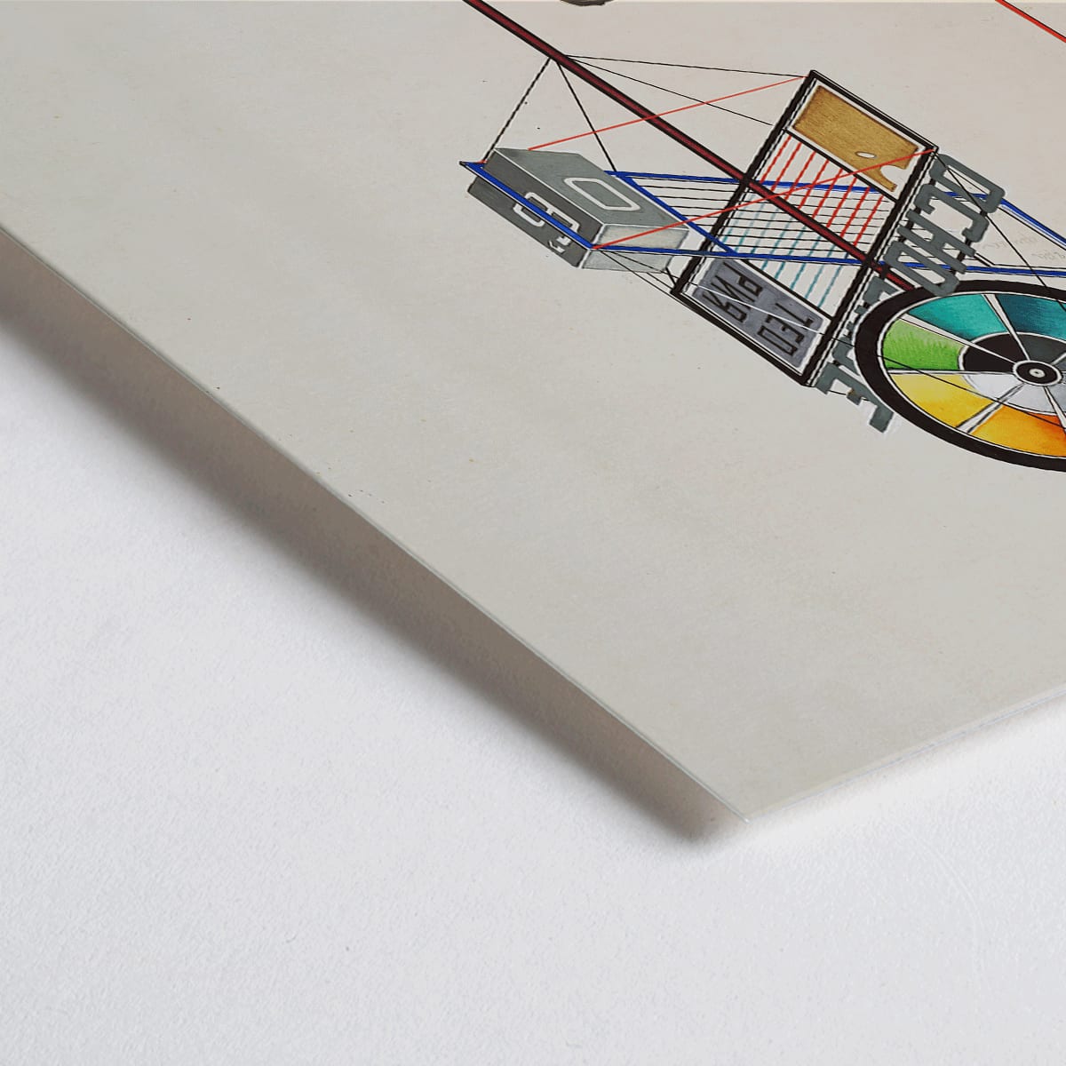 Closeup detail of Geometric exhibition stand design by Gustavs Klucis for VKhUTEMAS featuring a colorful structure and a person below poster style