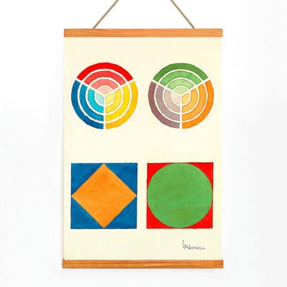 Colorful geometric abstract art poster from Portfolio Historic Ornament by Elizabeth A Nedwill ideal for modern wall decor, with wooden magnetic frame on white background