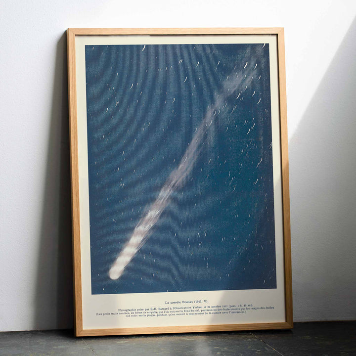 Brooks Comet by Lucien Rudaux poster with glowing white comet crossing a deep blue starry night sky, with wooden magnetic frame on white background