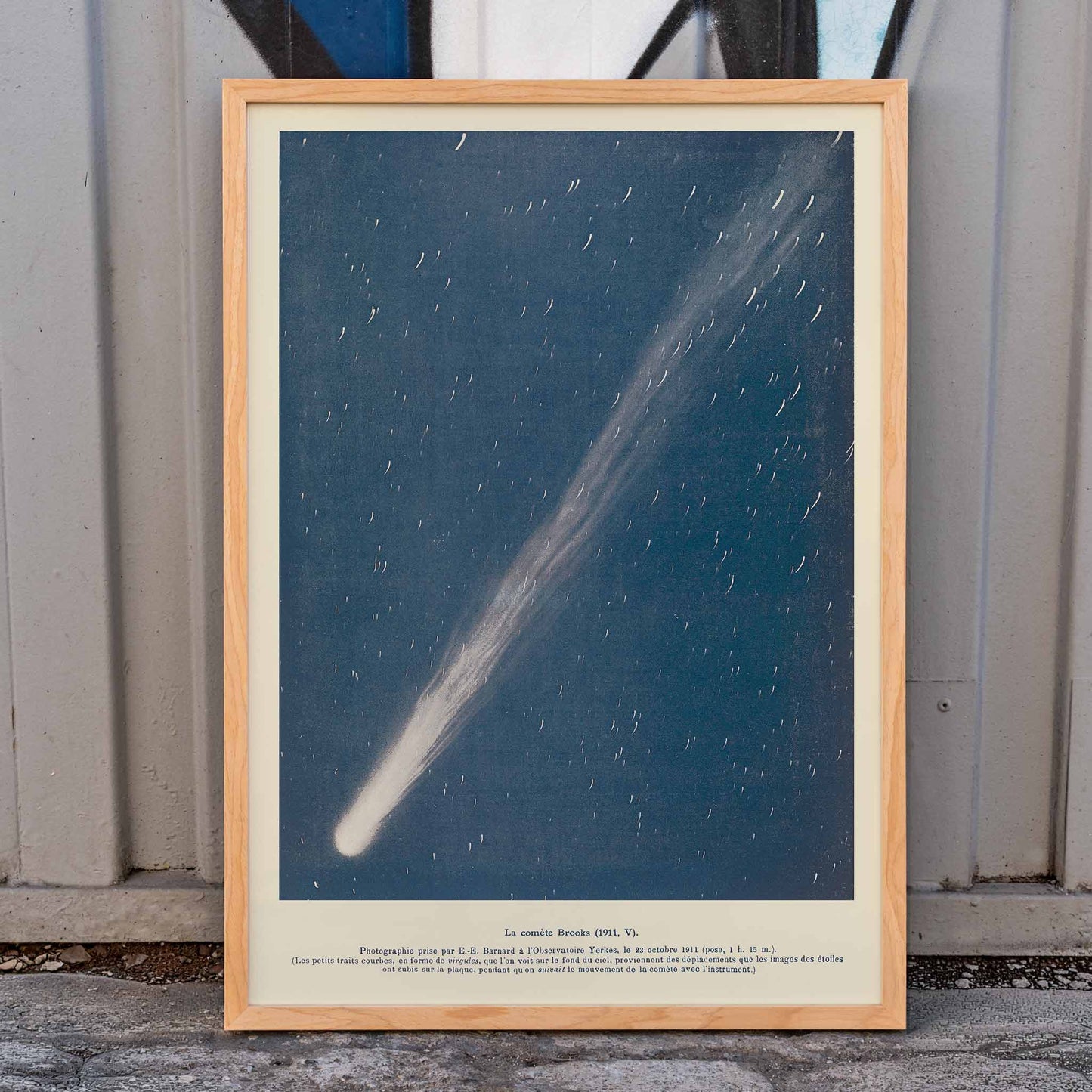 Brooks Comet by Lucien Rudaux poster with glowing white comet crossing a deep blue starry night sky, framed and displayed in home decor