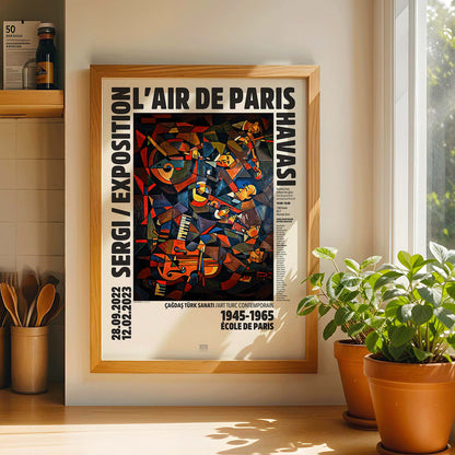 Le Concert by Hulusi Mercan L Air de Paris exhibition poster with vibrant abstract musical instruments artwork, framed and displayed in modern living room decor