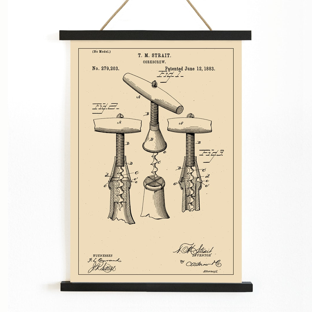 Corkscrew Patent by TM Strait technical drawing and signature poster featuring detailed diagrams and specifications of corkscrew invention, with wooden magnetic frame on white background