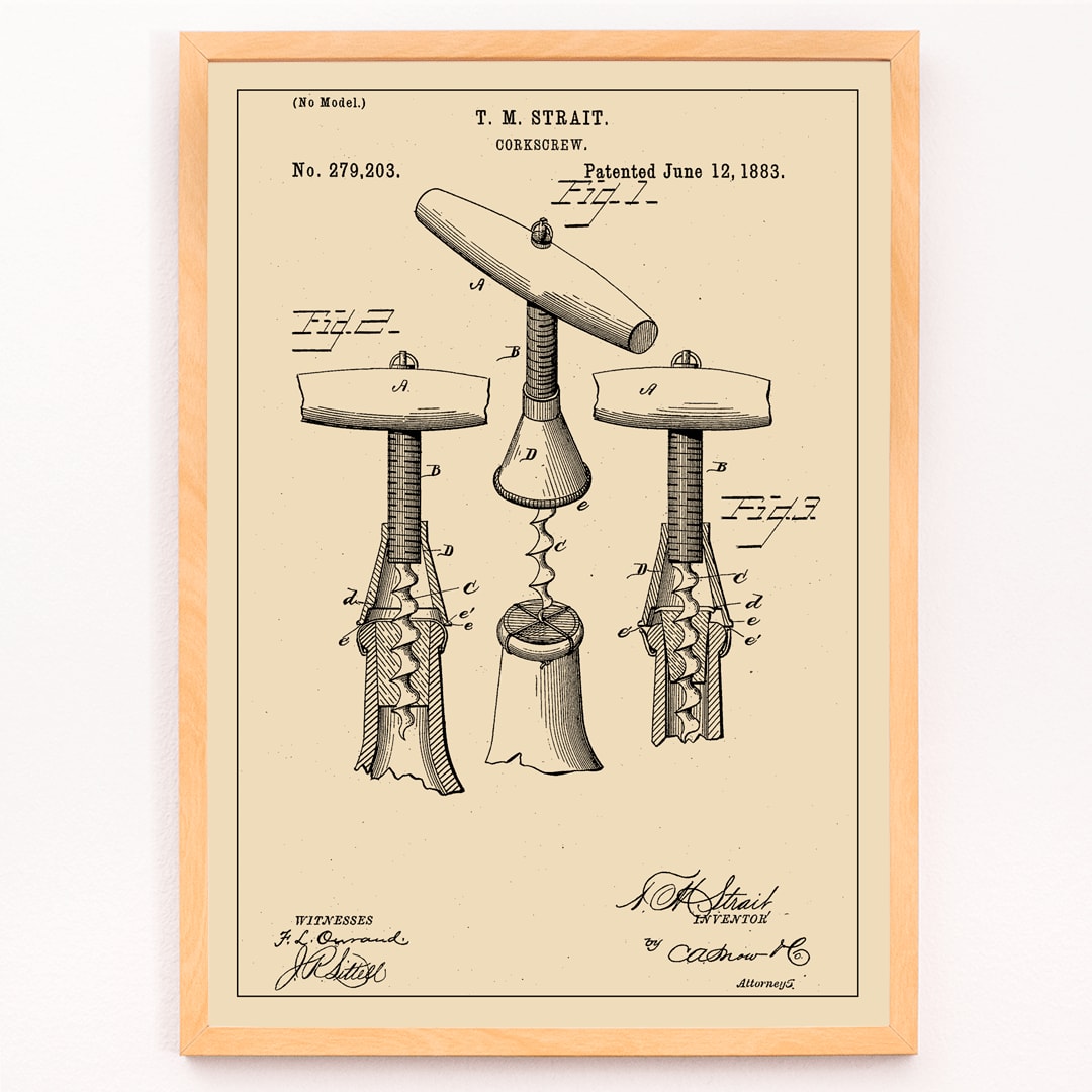 Corkscrew Patent by TM Strait technical drawing and signature poster featuring detailed diagrams and specifications of corkscrew invention, framed and displayed in modern living room decor