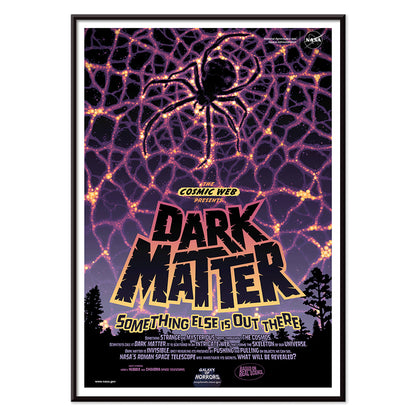 NASA Dark Matter poster featuring a cosmic web and spider silhouette with vibrant colors and text reading Dark Matter Something Else is Out There, with black aluminium frame on white background