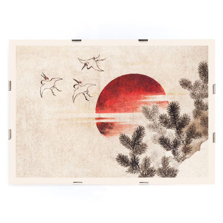 Cranes and birds flying near a red sun with pine branches inspired by Birds and Sunset by Katsushika Hokusai Japanese art poster, framed and displayed in modern living room decor