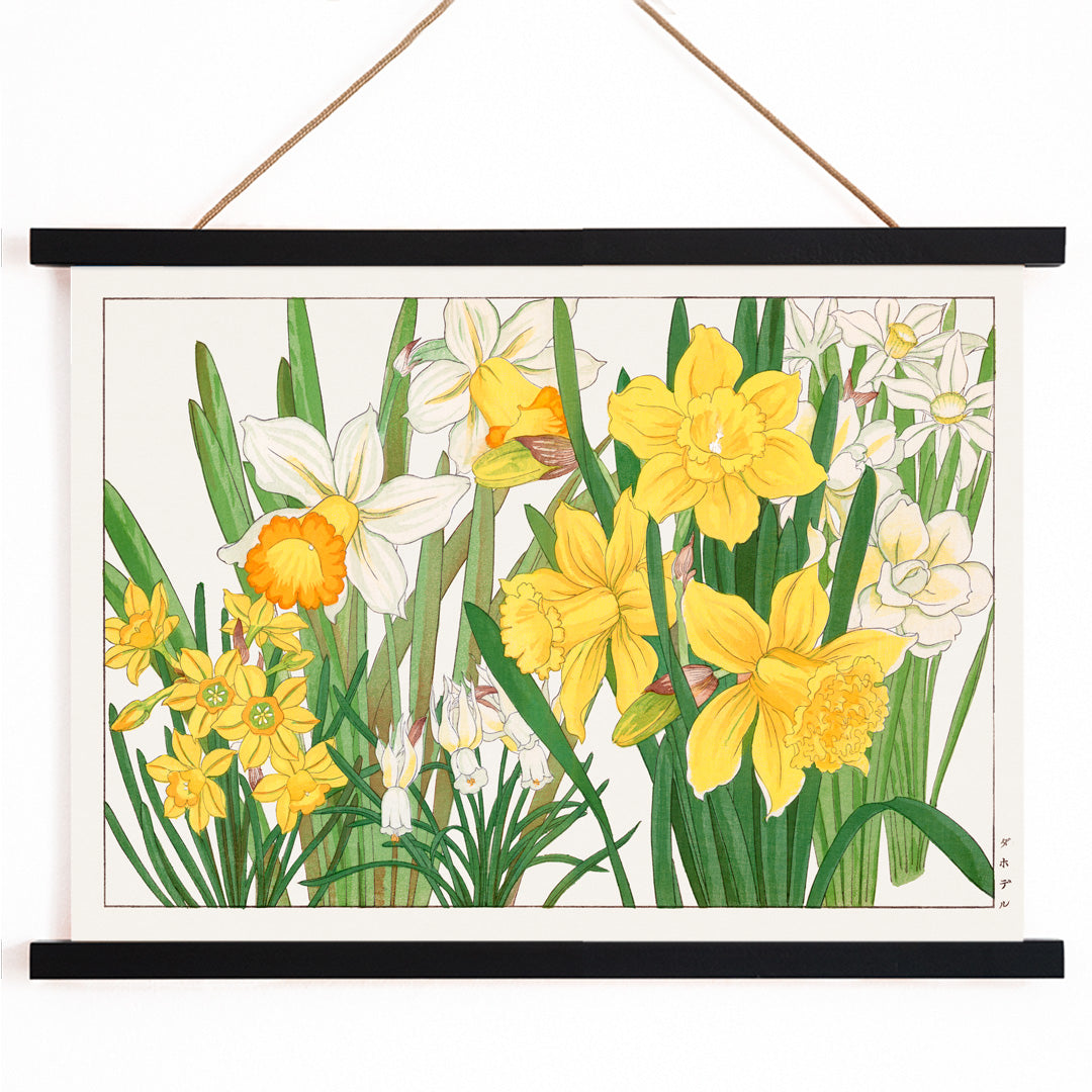 Daffodil woodblock painting by Tanigami Konan vibrant yellow and white floral artwork poster, with wooden magnetic frame on white background