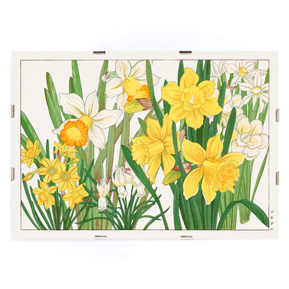 Daffodil woodblock painting by Tanigami Konan vibrant yellow and white floral artwork poster, framed and displayed in modern living room decor