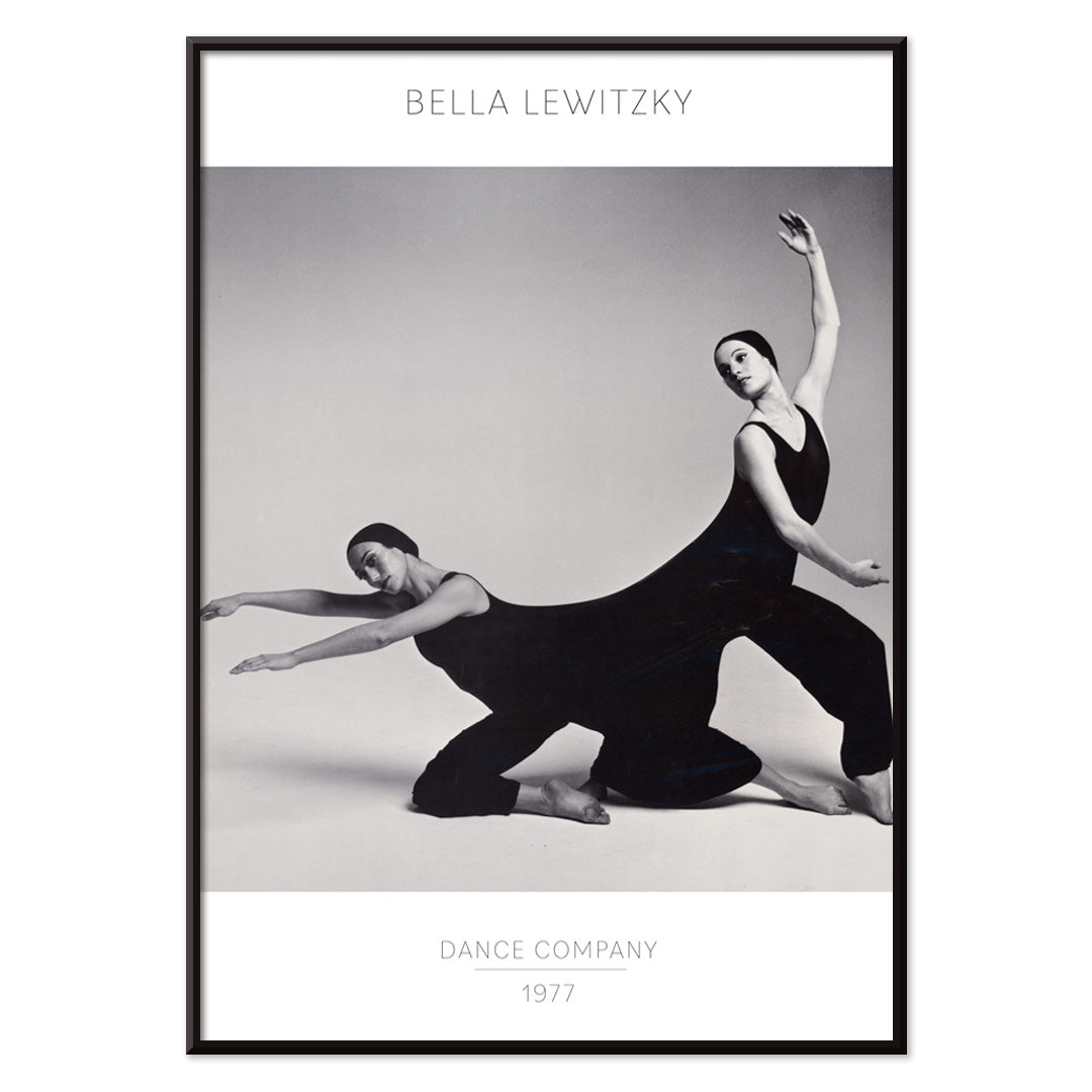 Modern dancers performing expressive pose Bella Lewitzky Dance Company artwork poster Los Angeles, with black aluminium frame on white background