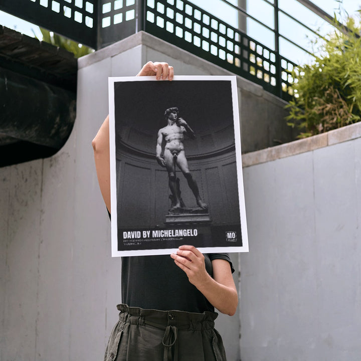 Michelangelo Buonarroti David sculpture and poster at Mo Art Gallery Florence, framed and displayed in modern living room decor
