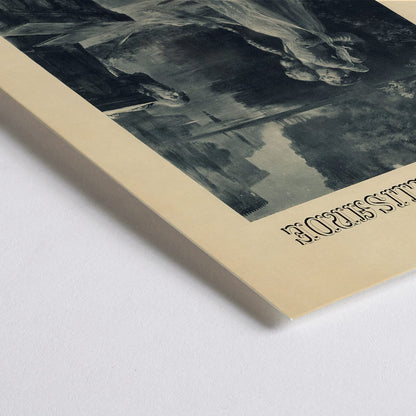 Closeup detail of Artistic poster for Claude Debussy and Maurice Maeterlincks Pelleas et Melisande at Theatre de lOpera Comique featuring characters by a river for the premiere