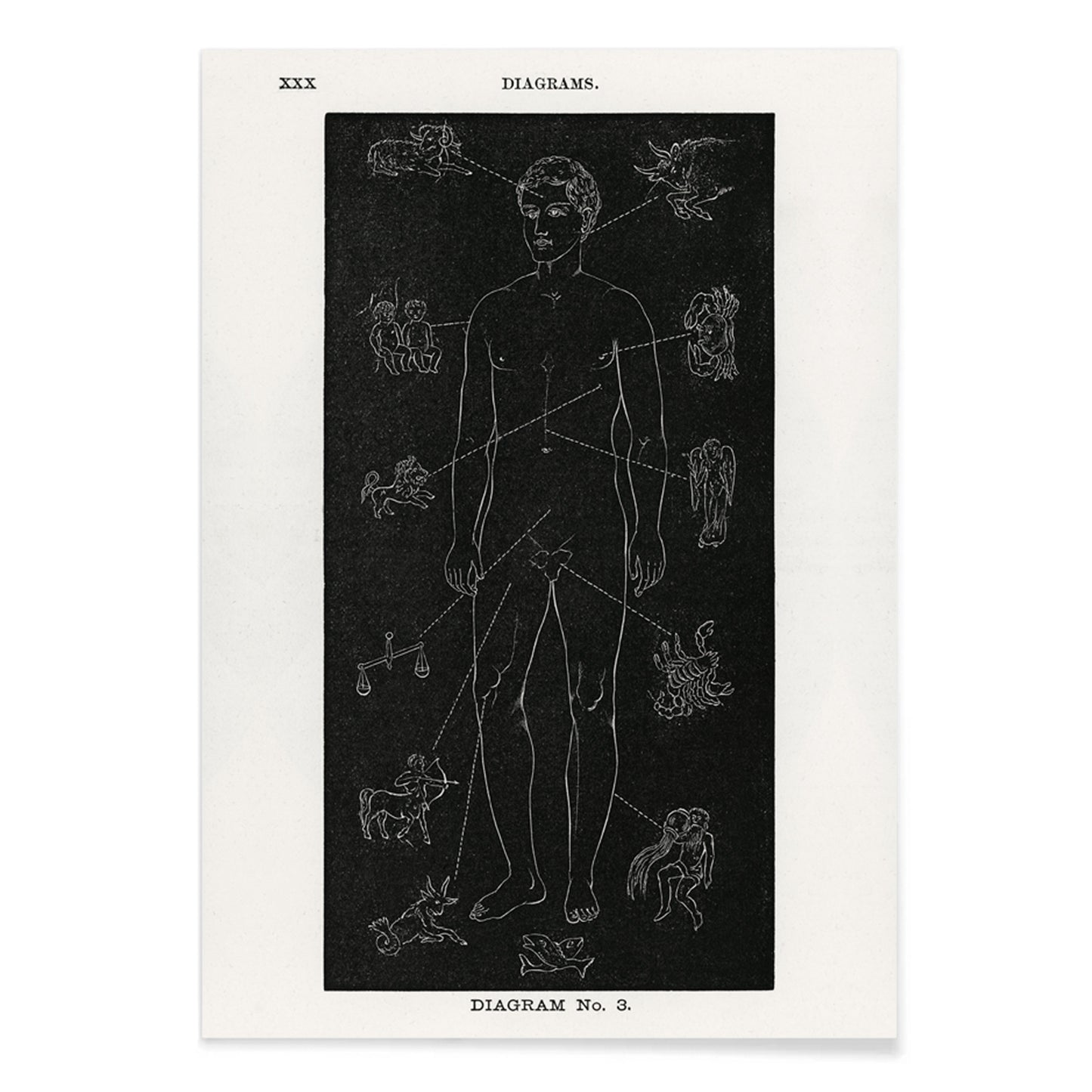 Human body diagram with astrological zodiac symbols and body part connections from Solar Biology by Hiram Erastus Butler, with black aluminium frame on white background