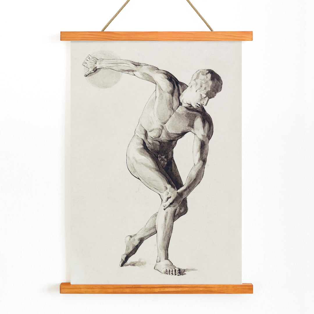 Discus Thrower by Jan Veth classical male athlete in dynamic discus throwing pose artwork and poster, with wooden magnetic frame on white background