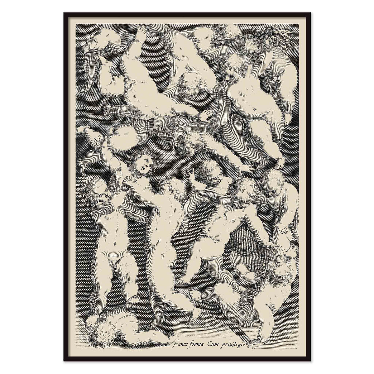 Jacopo Palma the Younger How to Draw Human Bodies poster with cherubs in varied poses and engraved hatching, with black aluminium frame on white background