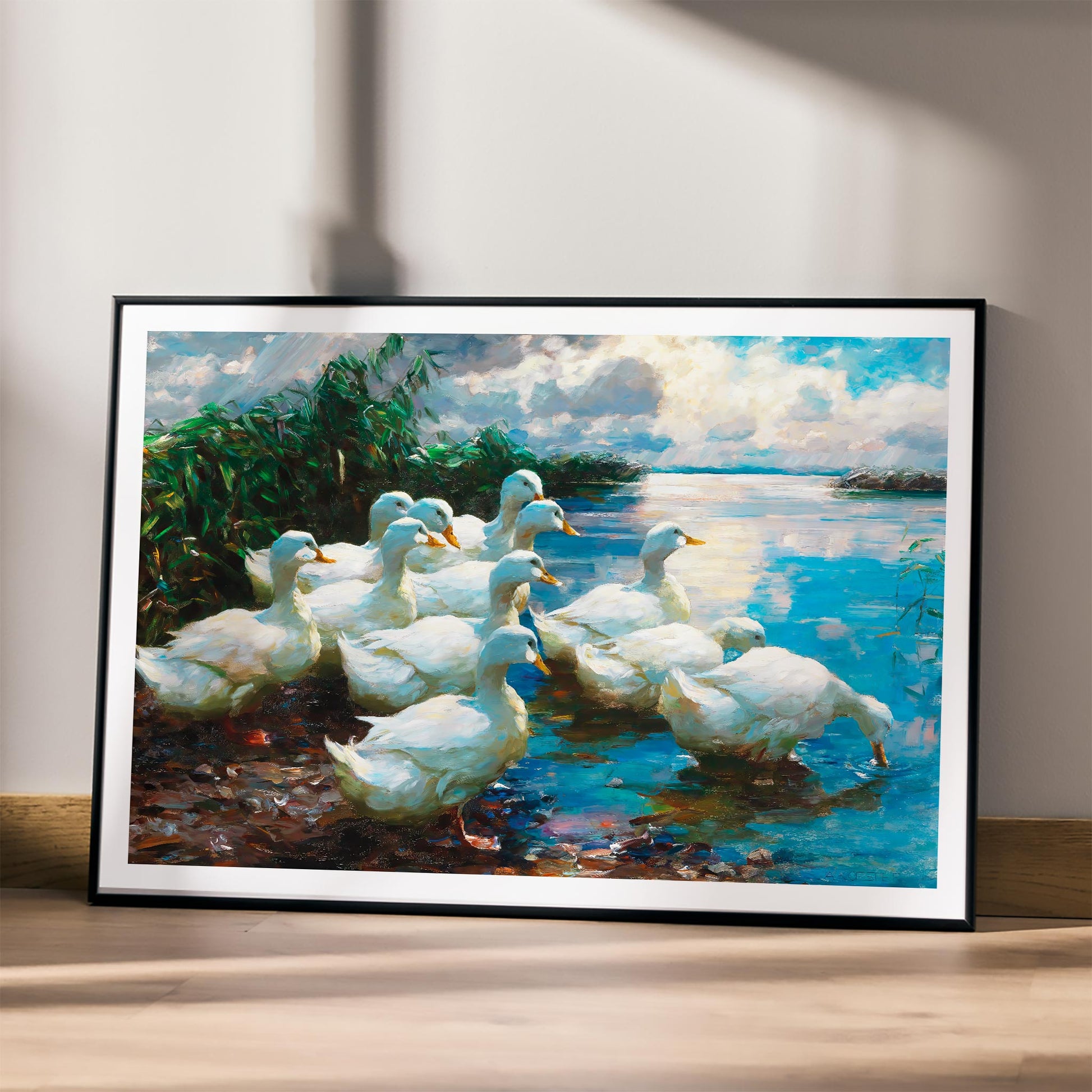 White ducks by a lake with greenery and blue sky artwork inspired by Alexander Koester, framed and displayed in modern living room decor