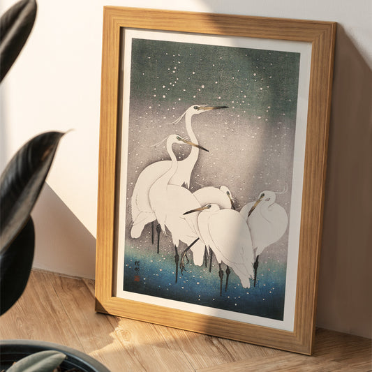 Group of egrets standing together in the snow artwork by Ohara Koson poster, framed and displayed in home decor