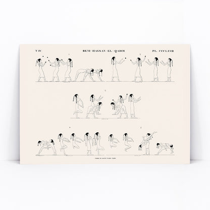 Ancient Egyptian wrestling scene and poster with line drawings from Tomb of Rotei north wall by Jean Francois Champollion, framed and displayed in modern living room decor