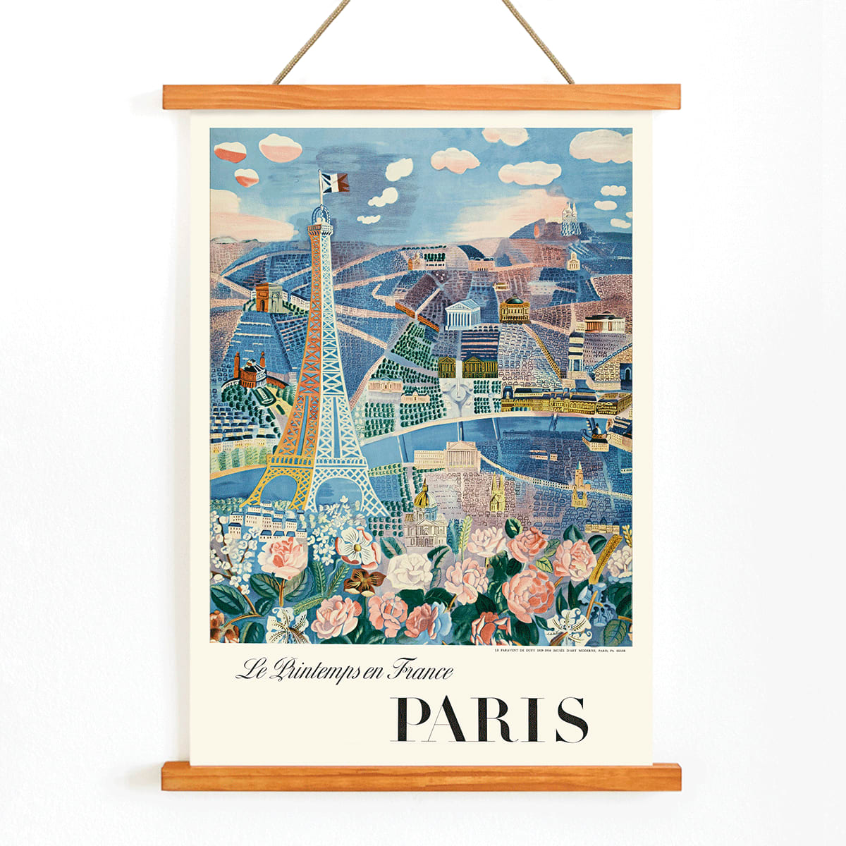 Le Printemps en France by Raoul Dufy Paris Eiffel Tower and flowers artwork poster, with wooden magnetic frame on white background