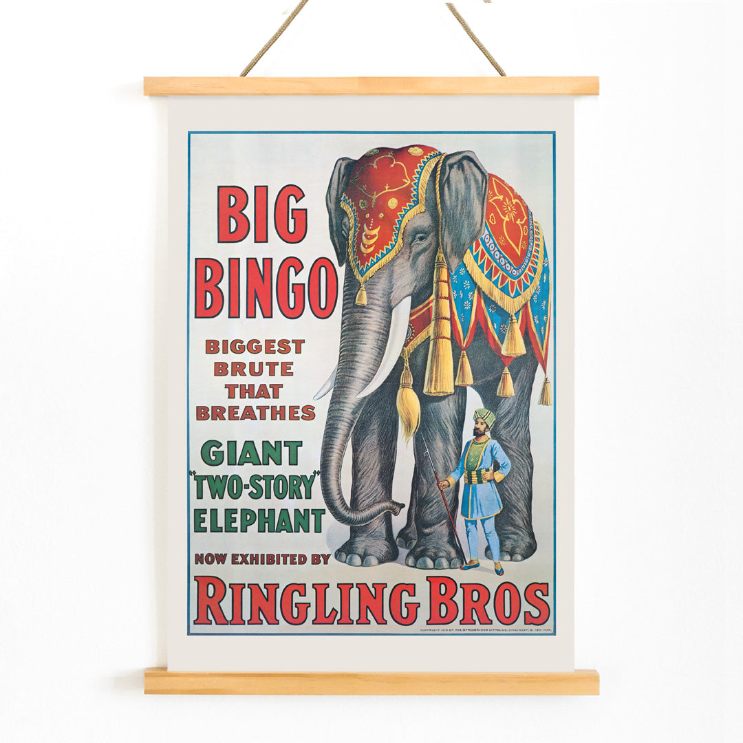 Colorful circus elephant and trainer poster artwork featuring Big Bingo a decorated giant elephant and circus keeper with vibrant circus themed graphics, with wooden magnetic frame on white background