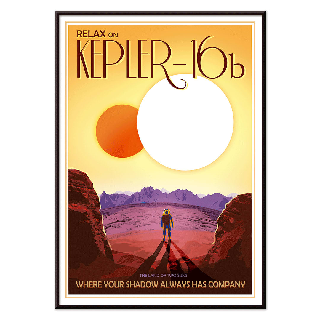Astronaut on rocky alien landscape with twin suns in the sky Relax on Kepler-16b NASA space poster, with black aluminium frame on white background